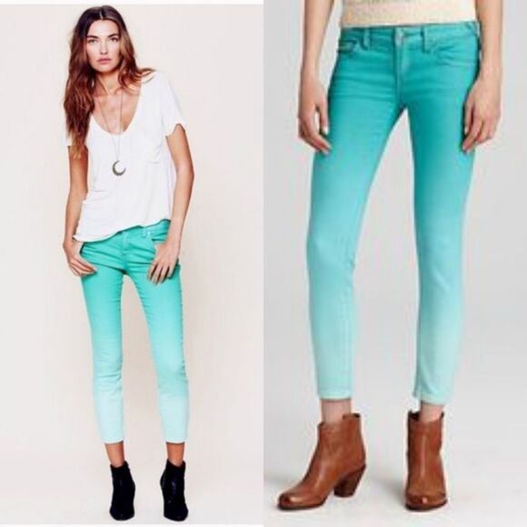 𝅺FREE People Green Dip Dye Denim Skinny Jeans 28 - Picture 1 of 8